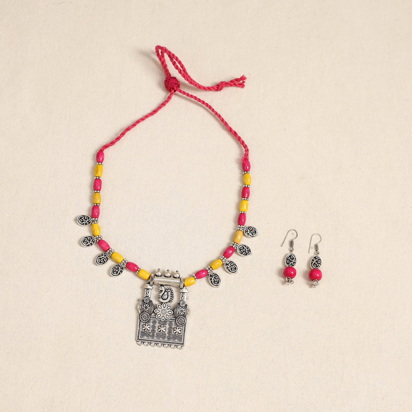 Pink - german silver wooden beads necklace set 58