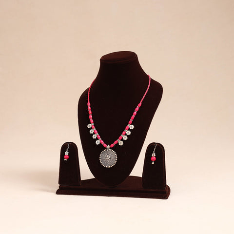 Pink - german silver wooden beads necklace set 60