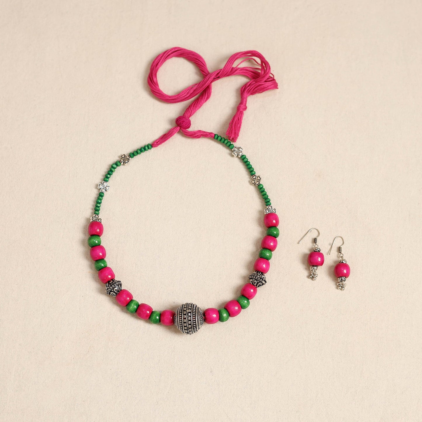 Pink - german silver wooden beads necklace set 82