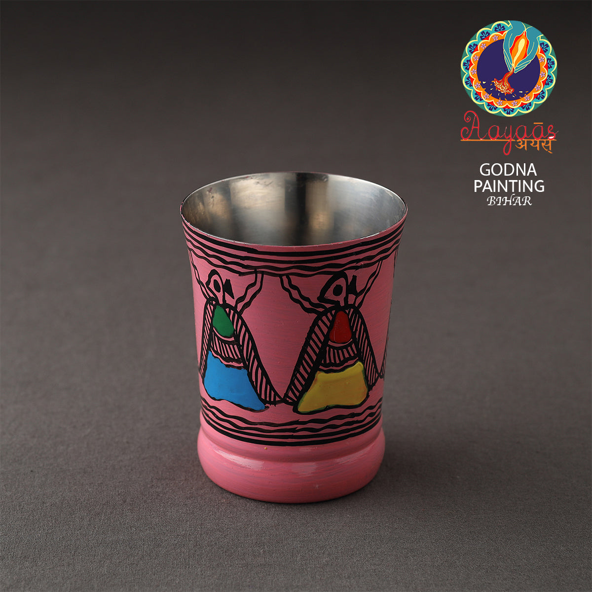 Godna Madhubani Pink Handpainted Stainless Steel Glass