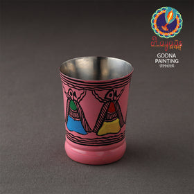 Godna Madhubani Pink Handpainted Stainless Steel Glass