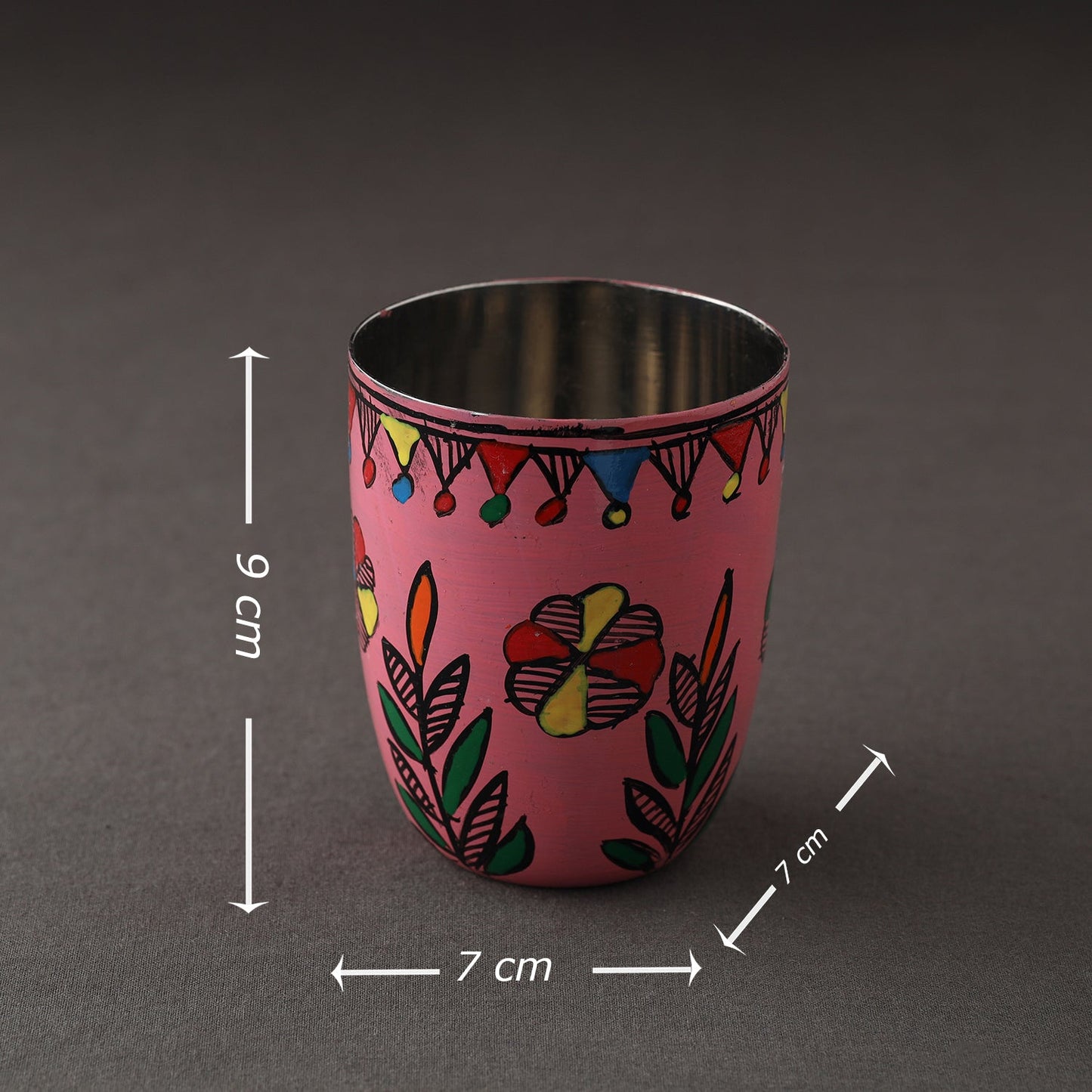 Godna Madhubani Pink Handpainted Stainless Steel Glass