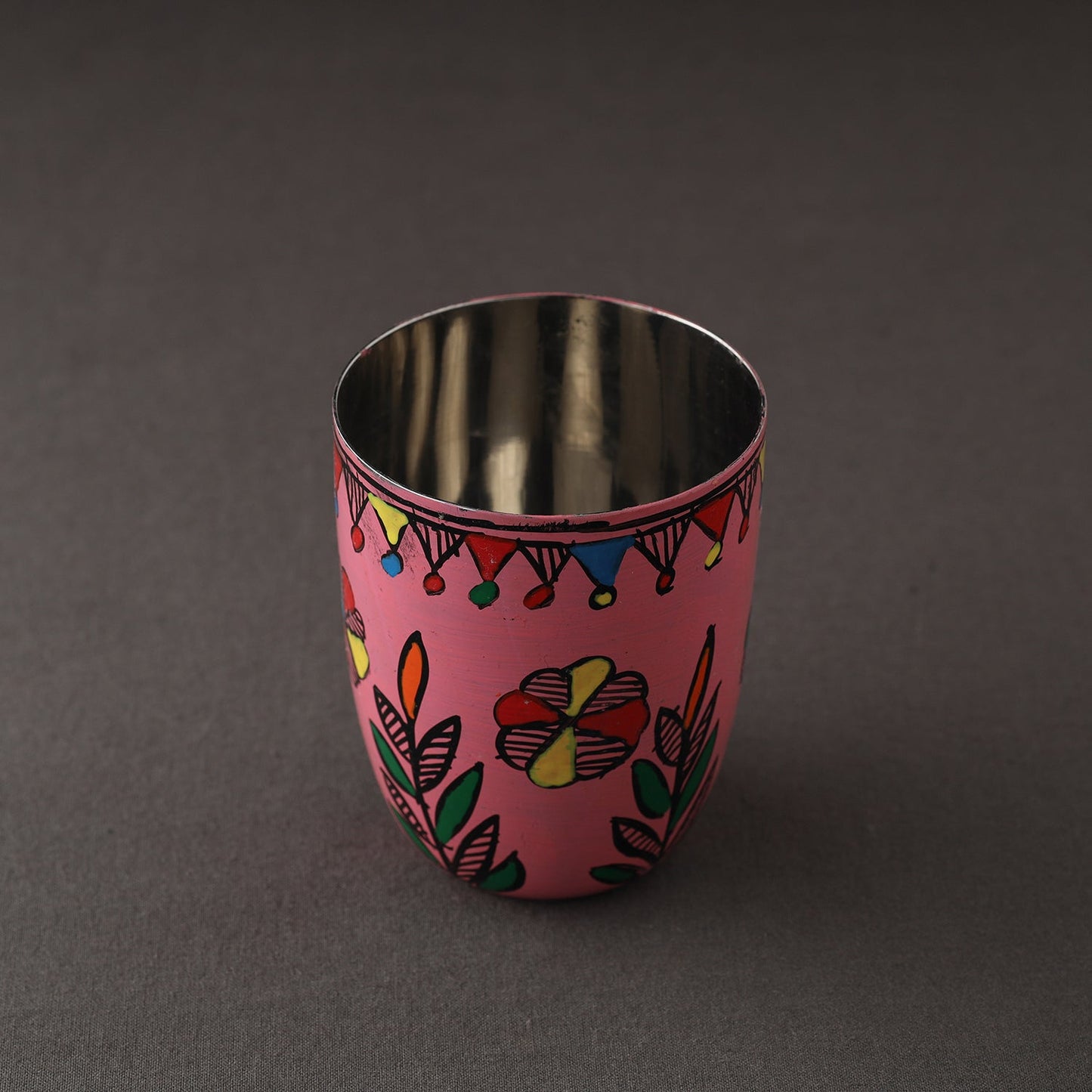 Godna Madhubani Pink Handpainted Stainless Steel Glass