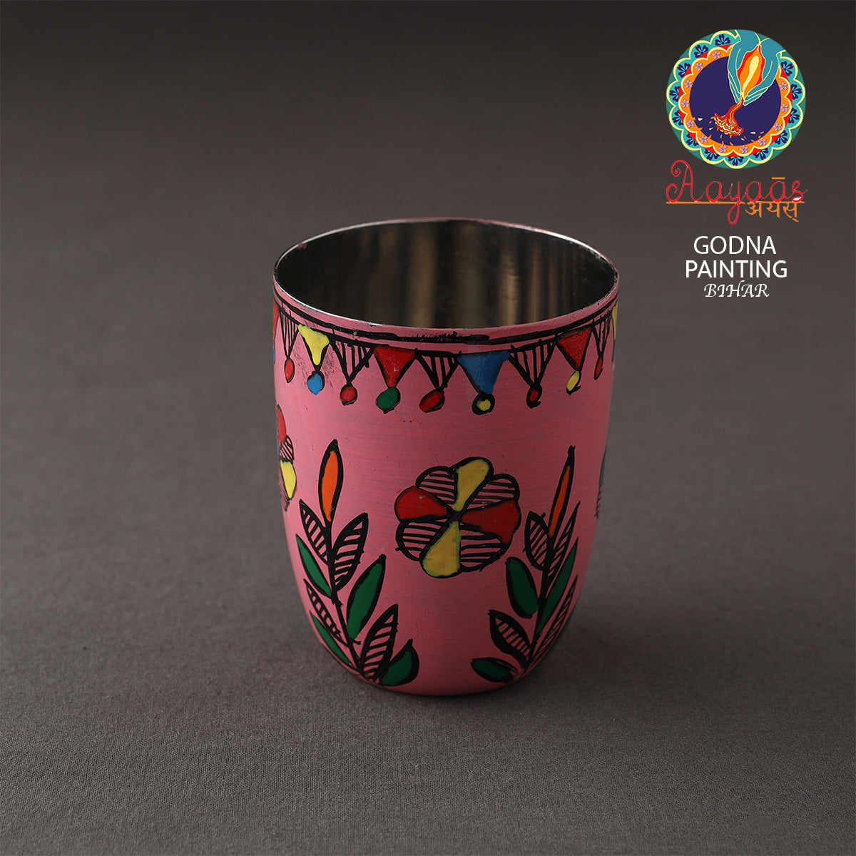 Godna Madhubani Pink Handpainted Stainless Steel Glass