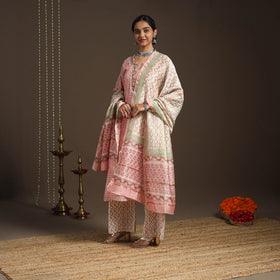 Pink - gota work chanderi silk sanganeri kurta set (set