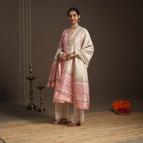 Pink - gota work chanderi silk sanganeri kurta set (set
