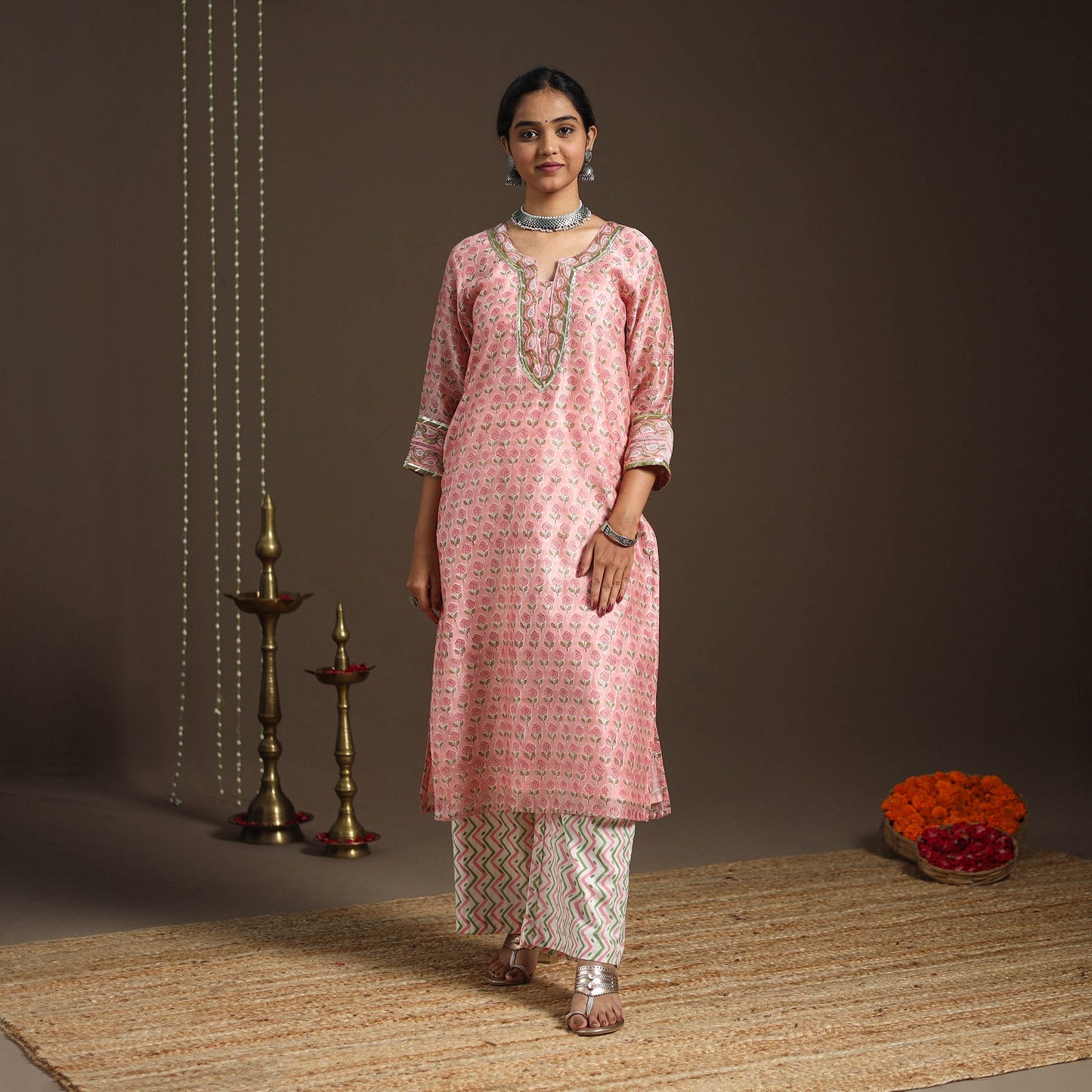 Pink - gota work chanderi silk sanganeri kurta set (set