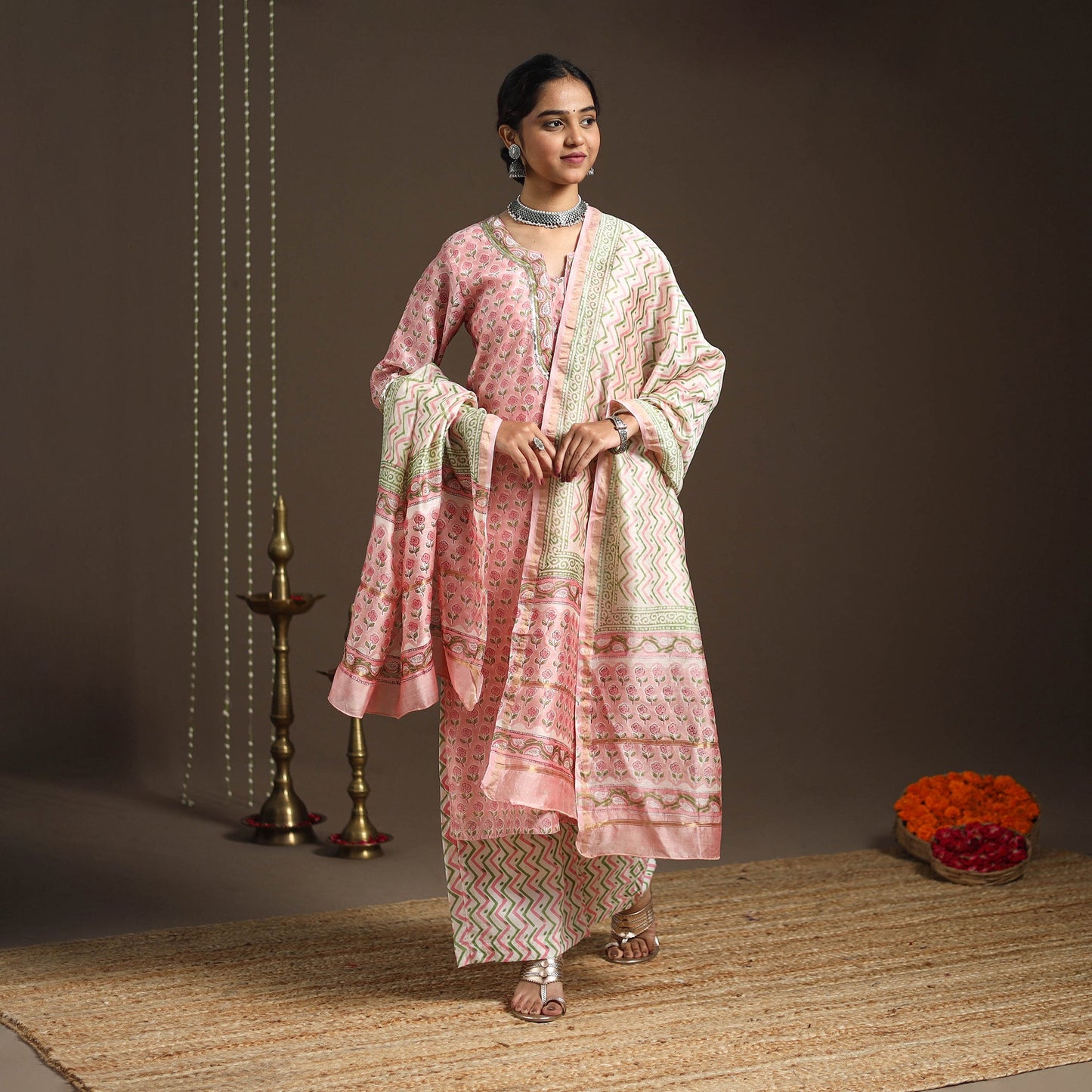 Pink - gota work chanderi silk sanganeri kurta set (set