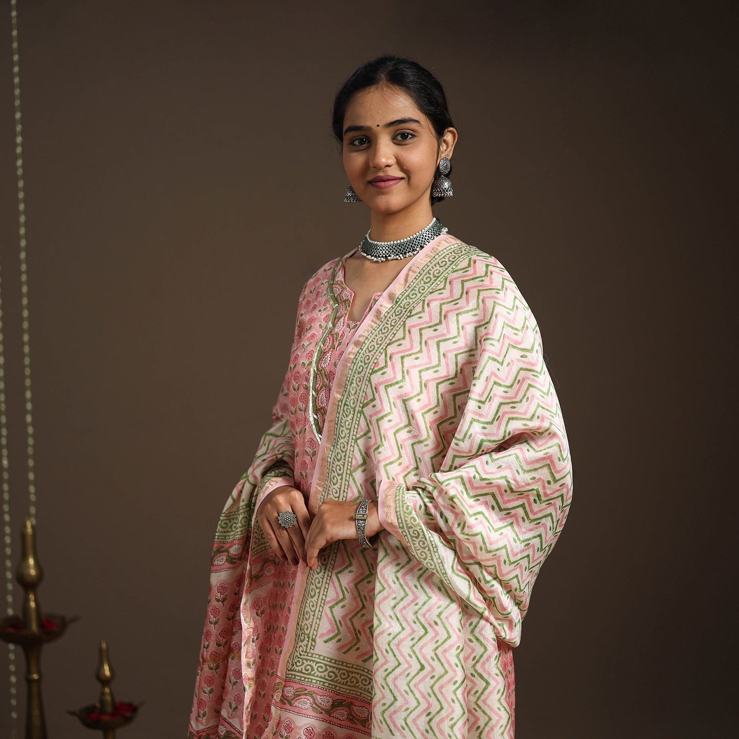 Pink - gota work chanderi silk sanganeri kurta set (set
