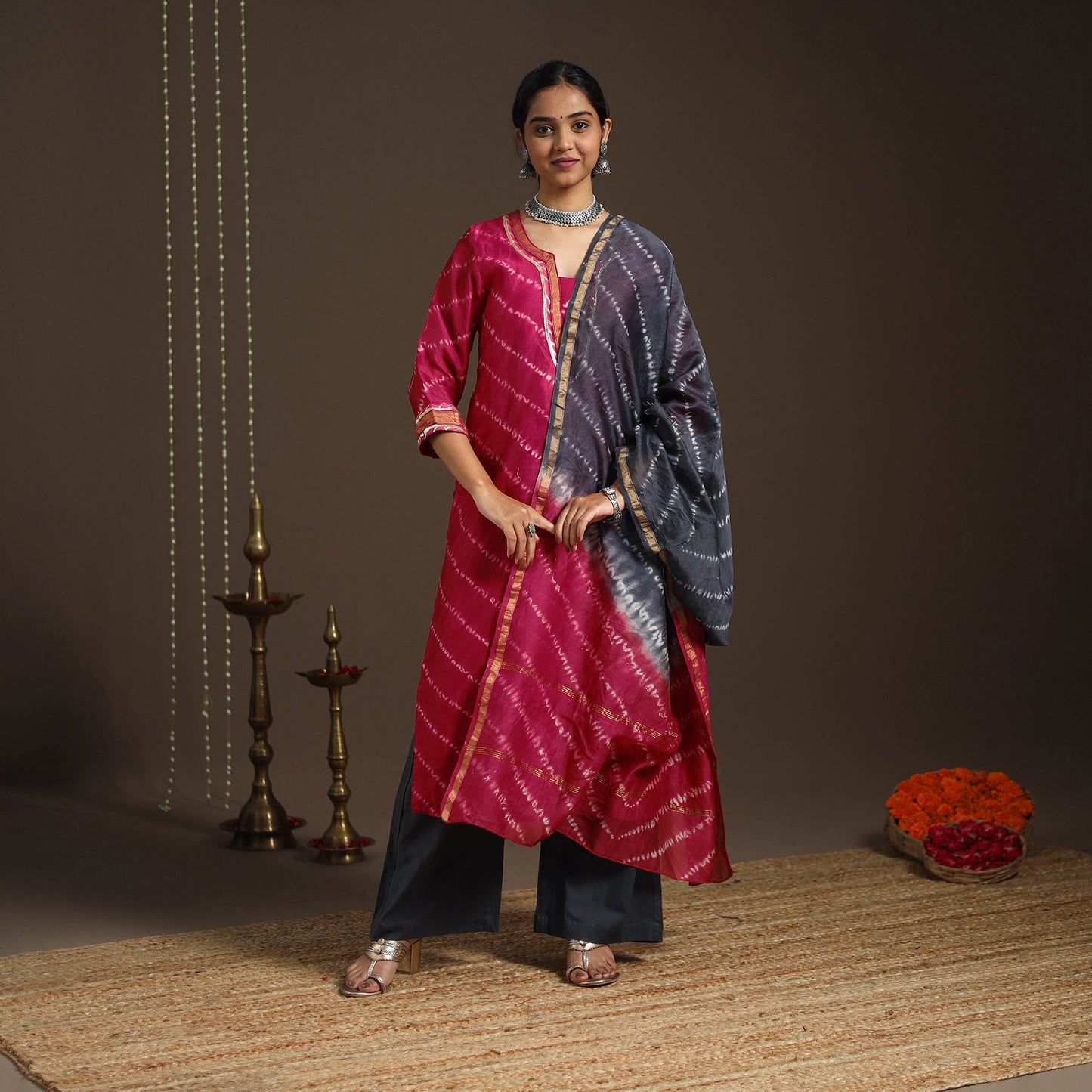 Pink - gota work chanderi silk shibori kurta set (set of 3)