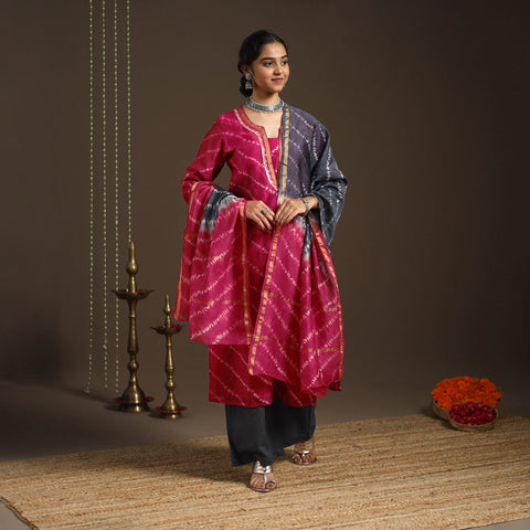 Pink - gota work chanderi silk shibori kurta set (set of 3)
