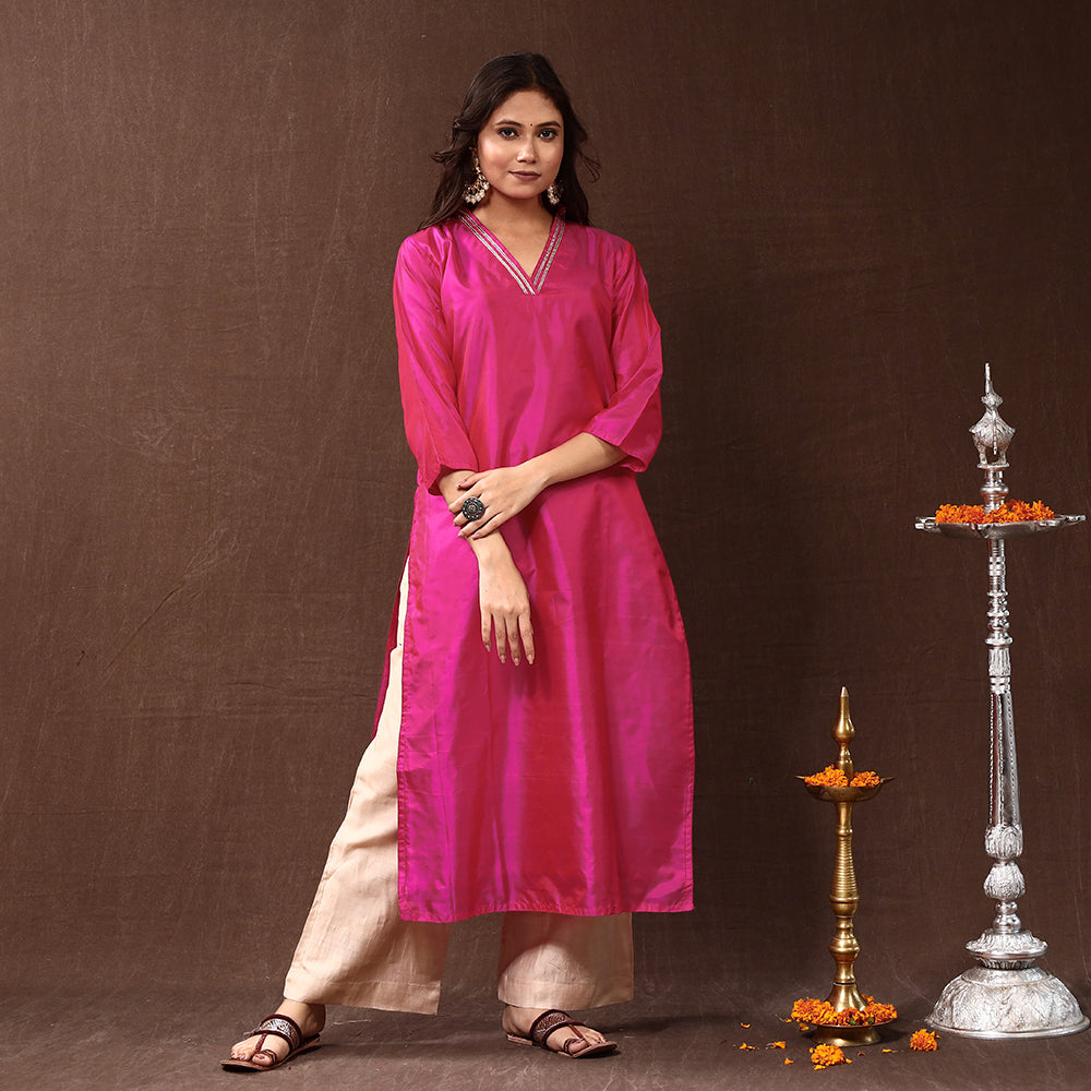 Buy Pink Gota Work Pure Silk Plain Long Kurta for Women