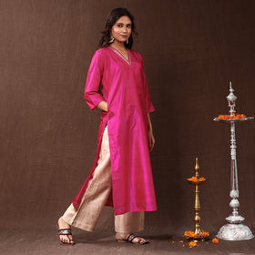 Buy Pink Gota Work Pure Silk Plain Long Kurta for Women