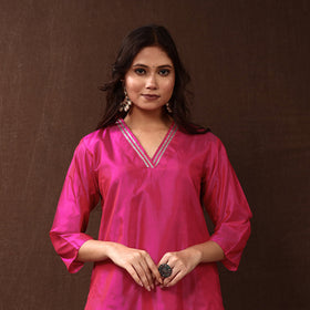 Buy Pink Gota Work Pure Silk Plain Long Kurta for Women