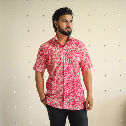Pink Half Sleeve Cotton Men Hand Batik Print Shirt