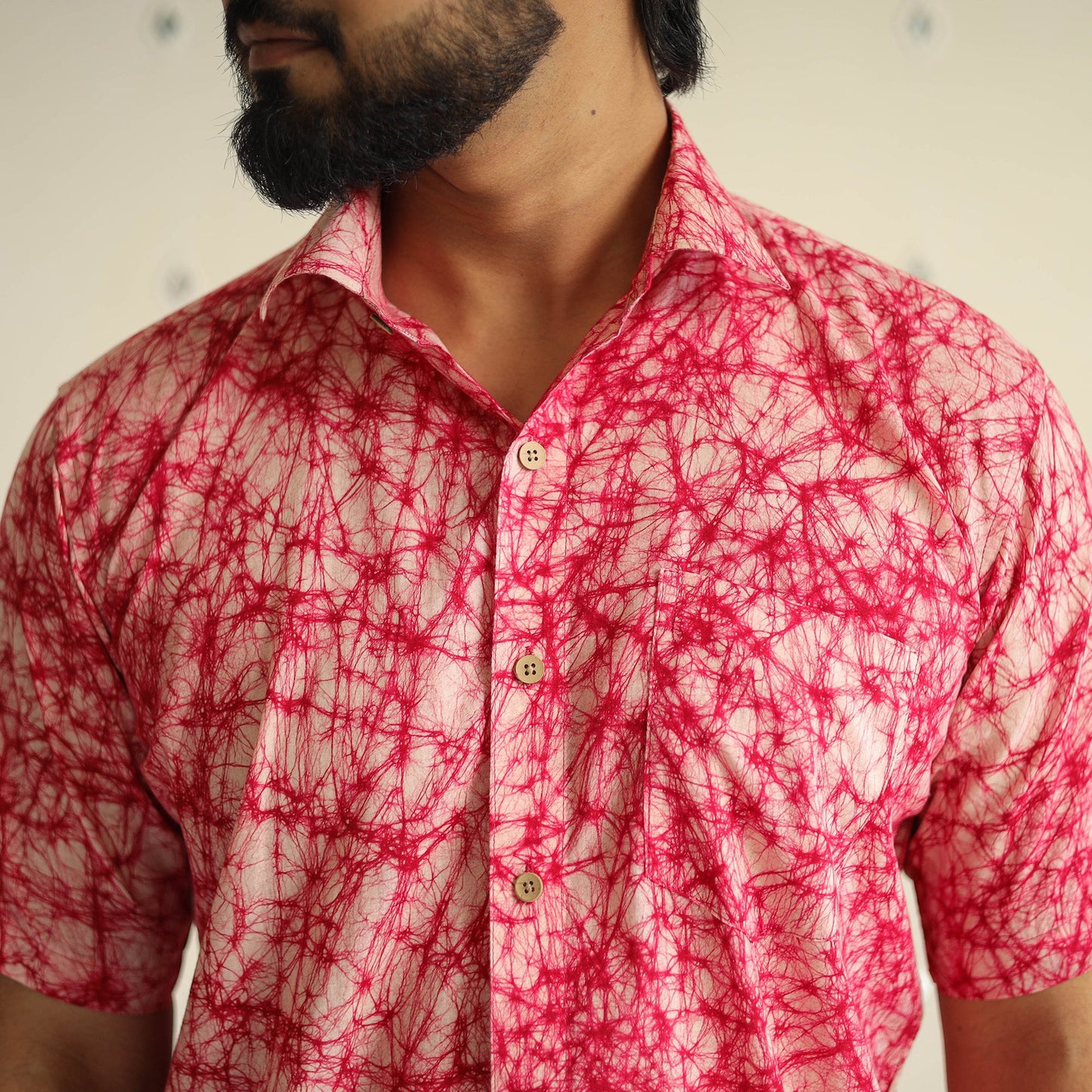 Pink Half Sleeve Cotton Men Hand Batik Print Shirt