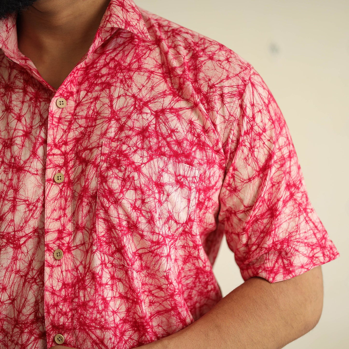 Pink Half Sleeve Cotton Men Hand Batik Print Shirt