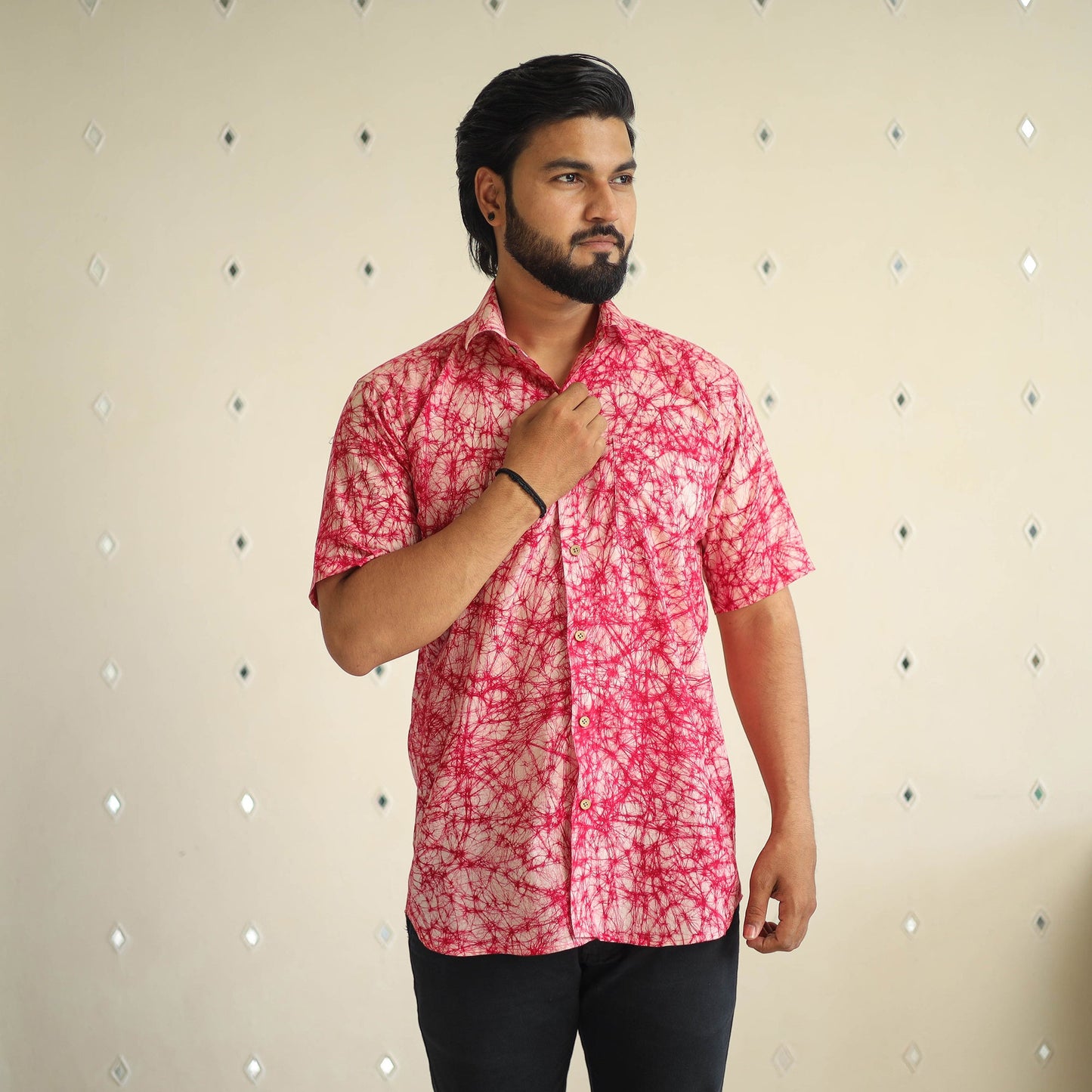 Pink Half Sleeve Cotton Men Hand Batik Print Shirt