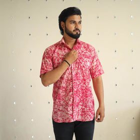 Pink Half Sleeve Cotton Men Hand Batik Print Shirt