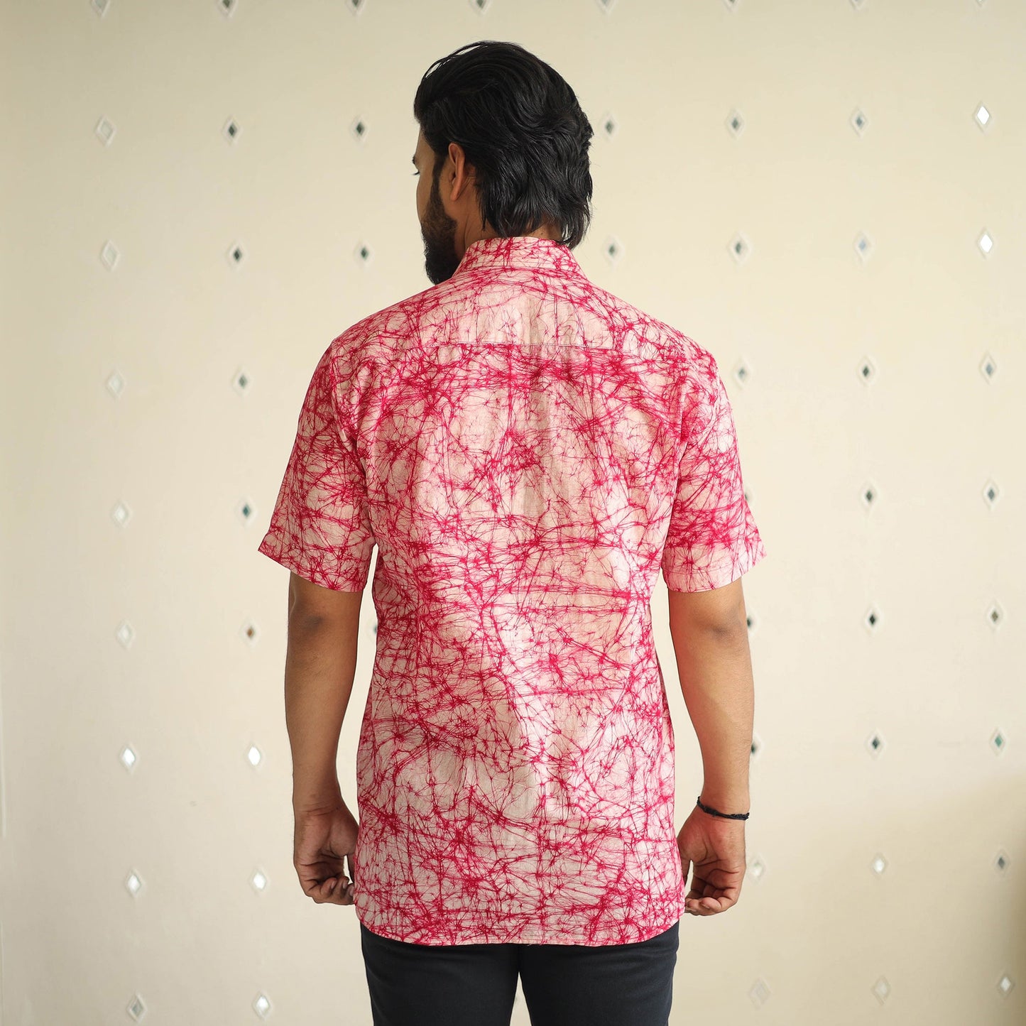 Pink Half Sleeve Cotton Men Hand Batik Print Shirt