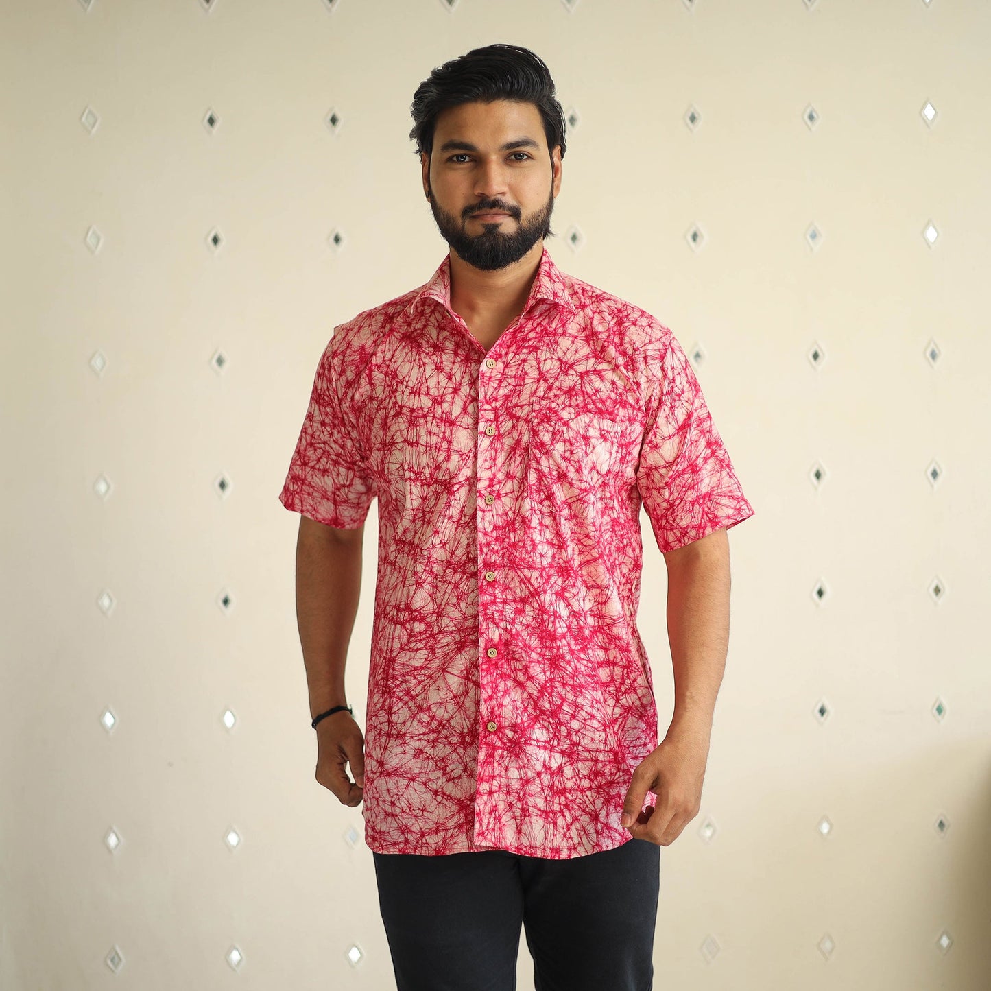 Pink Half Sleeve Cotton Men Hand Batik Print Shirt