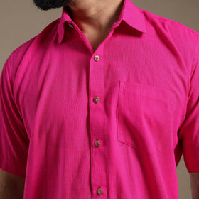 Pink Half Sleeve Slub Cotton Men Plain Shirt