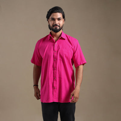 Pink Half Sleeve Slub Cotton Men Plain Shirt