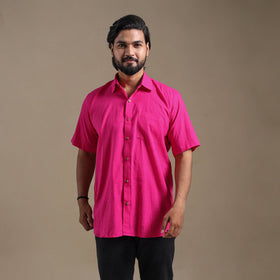 Pink Half Sleeve Slub Cotton Men Plain Shirt