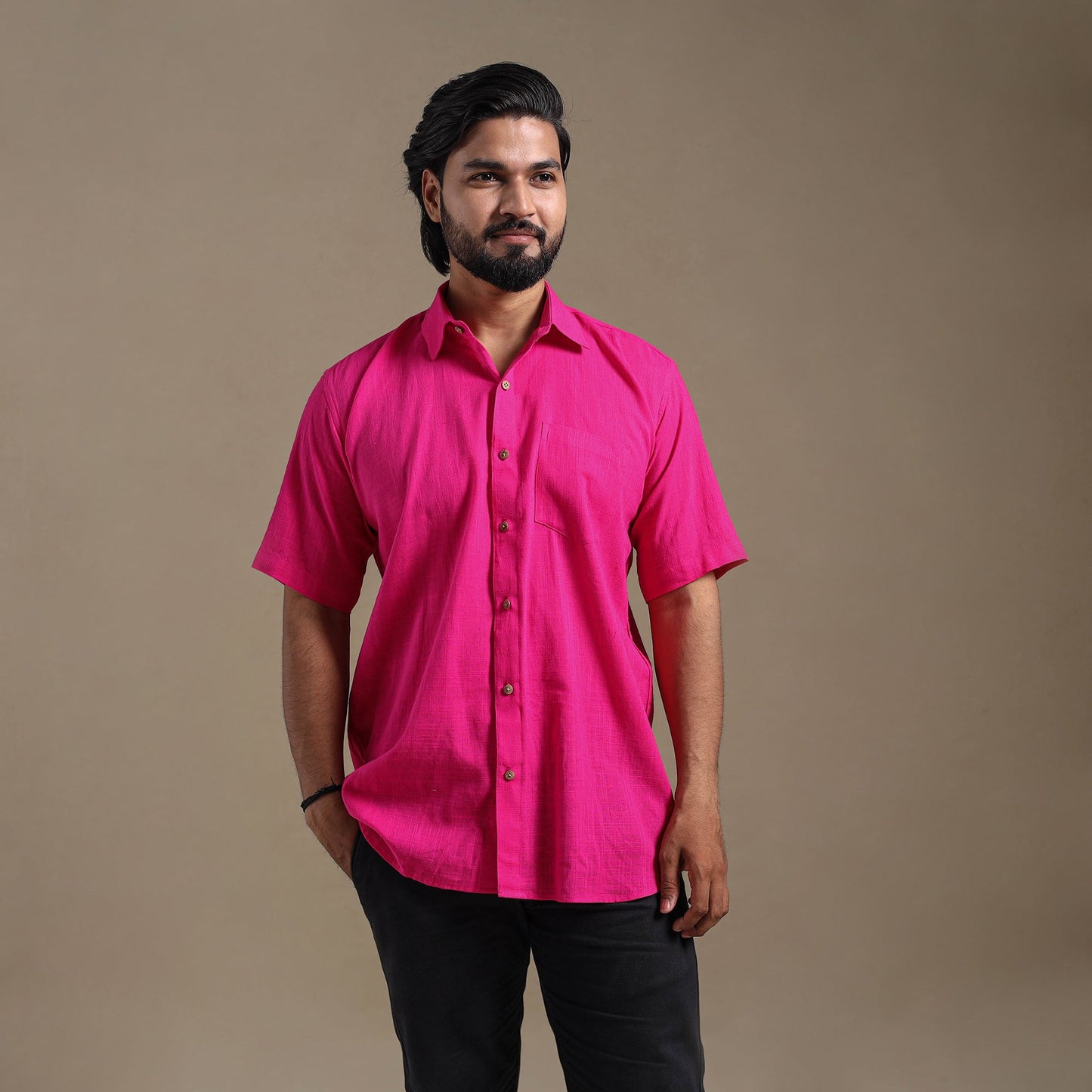 Pink Half Sleeve Slub Cotton Men Plain Shirt