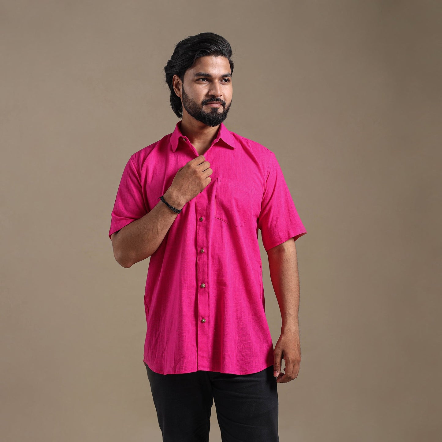 Pink Half Sleeve Slub Cotton Men Plain Shirt