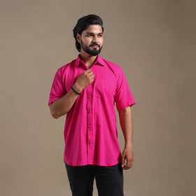 Pink Half Sleeve Slub Cotton Men Plain Shirt