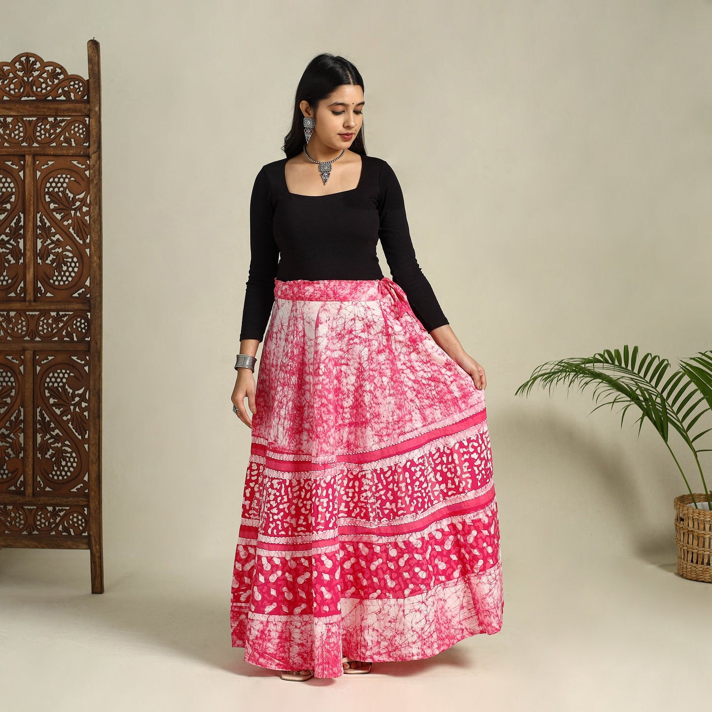 Pink Hand Batik Print Running Stitch Cotton Long Skirt