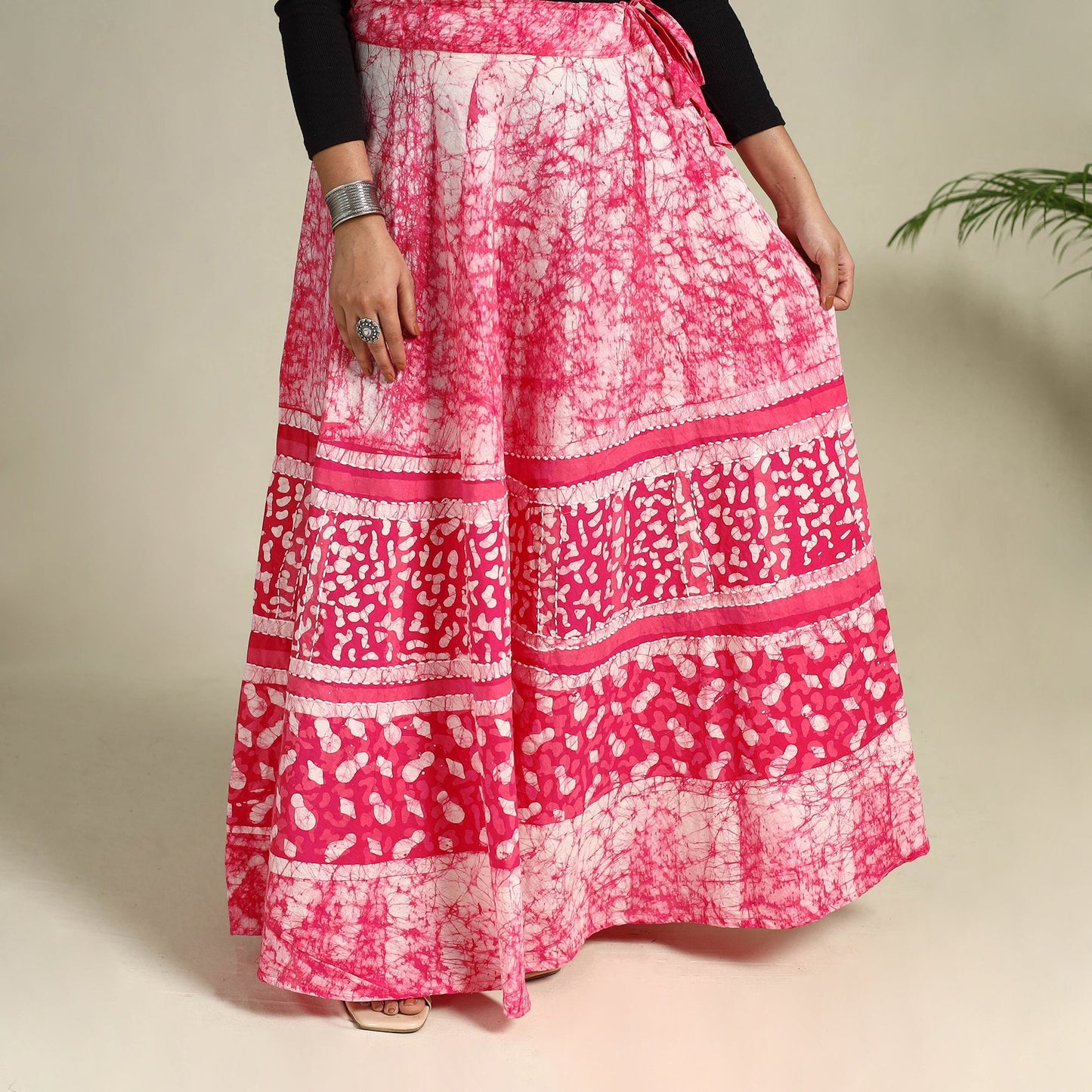 Pink Hand Batik Print Running Stitch Cotton Long Skirt