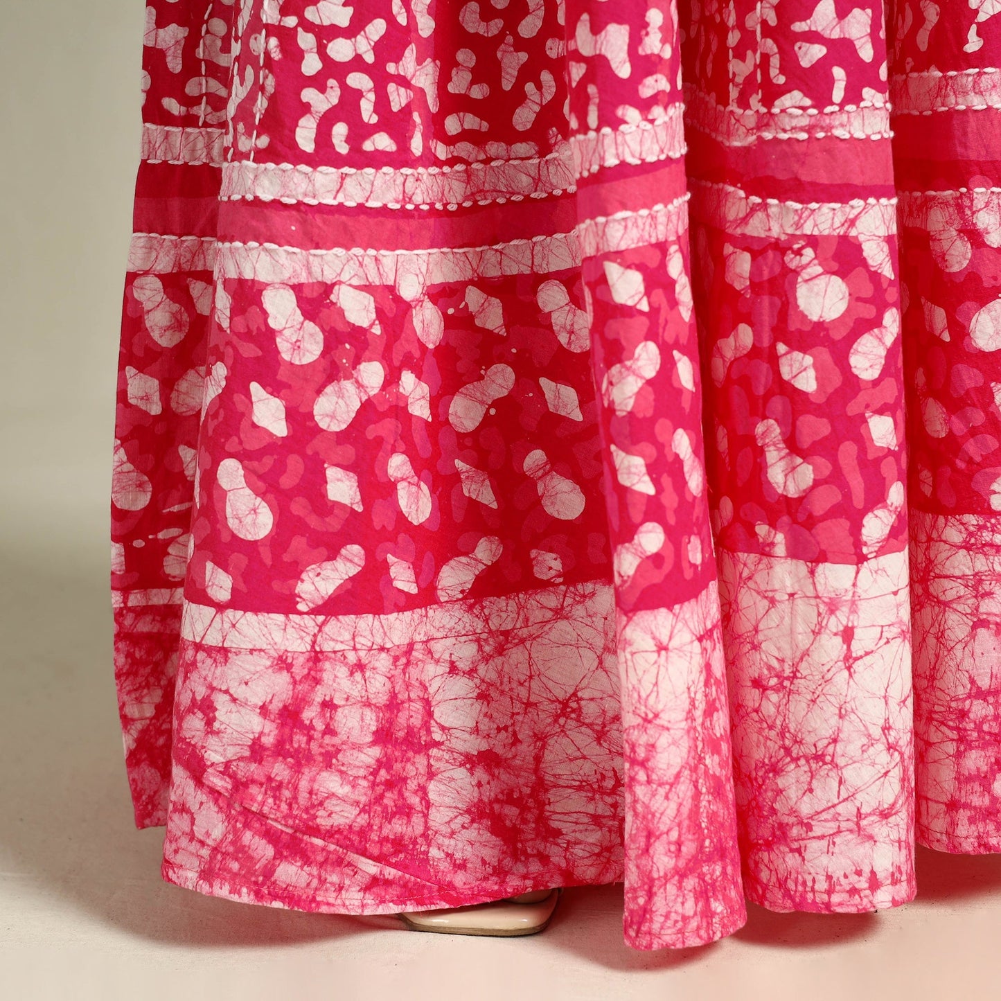 Pink Hand Batik Print Running Stitch Cotton Long Skirt