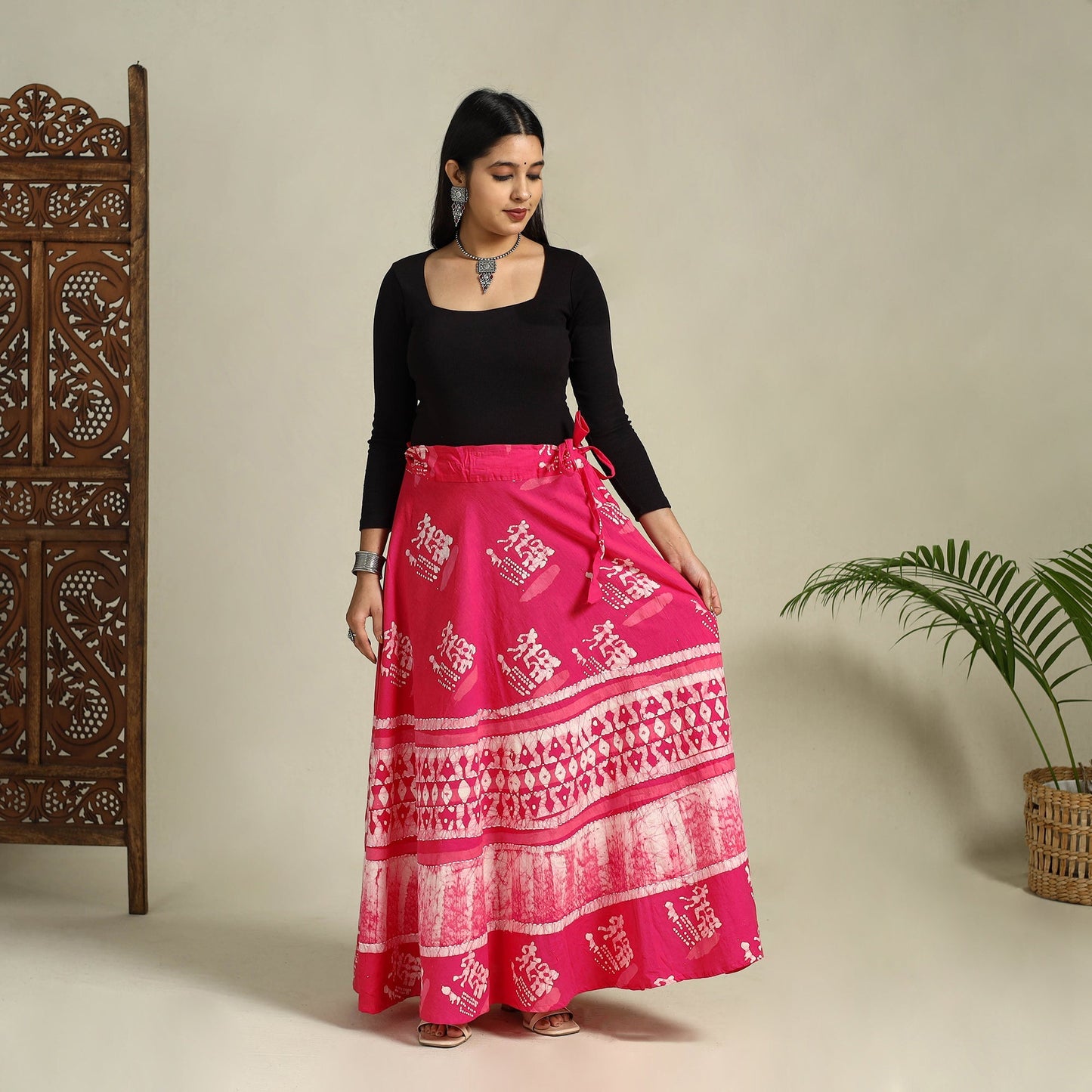 Pink Hand Batik Print Running Stitch Cotton Long Skirt