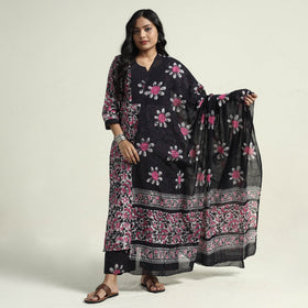 Hand batik printed cotton kurta with palazzo & dupatta set