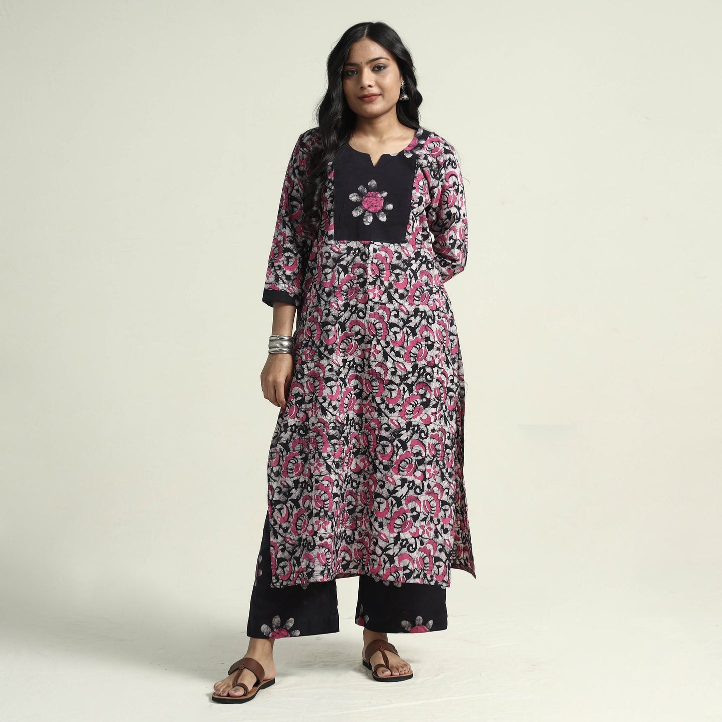 Hand batik printed cotton kurta with palazzo & dupatta set