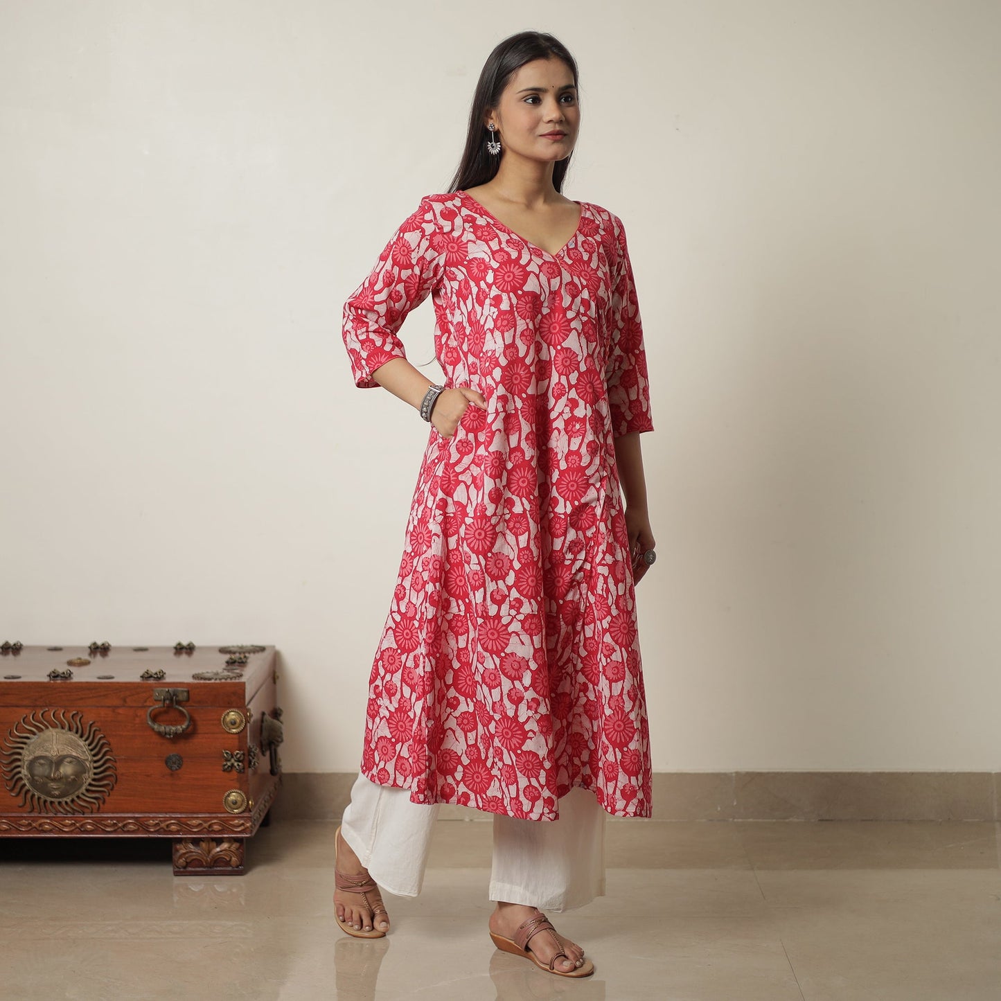  Hand Batik Printed Cotton A-Line Kurta for Women