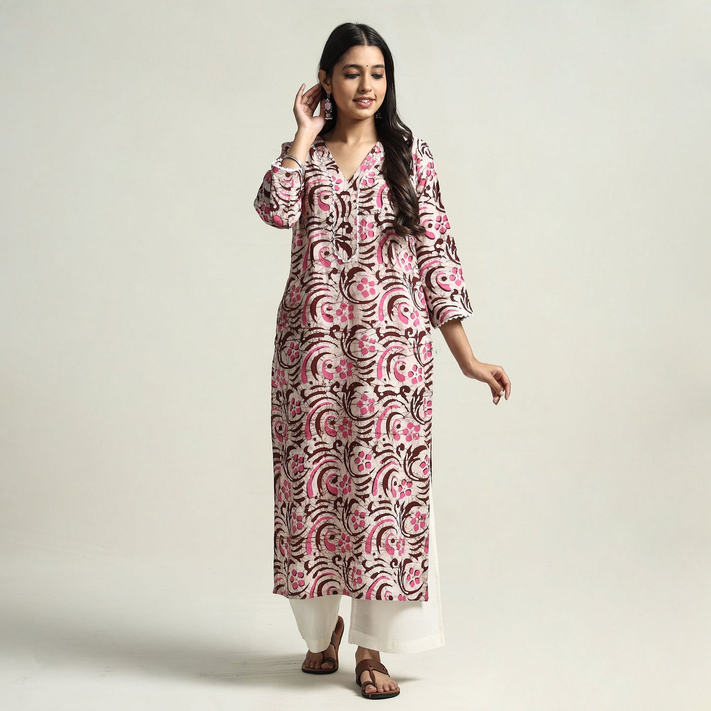 Hand Batik Print Cotton Straight Kurta with Lace Work for Women