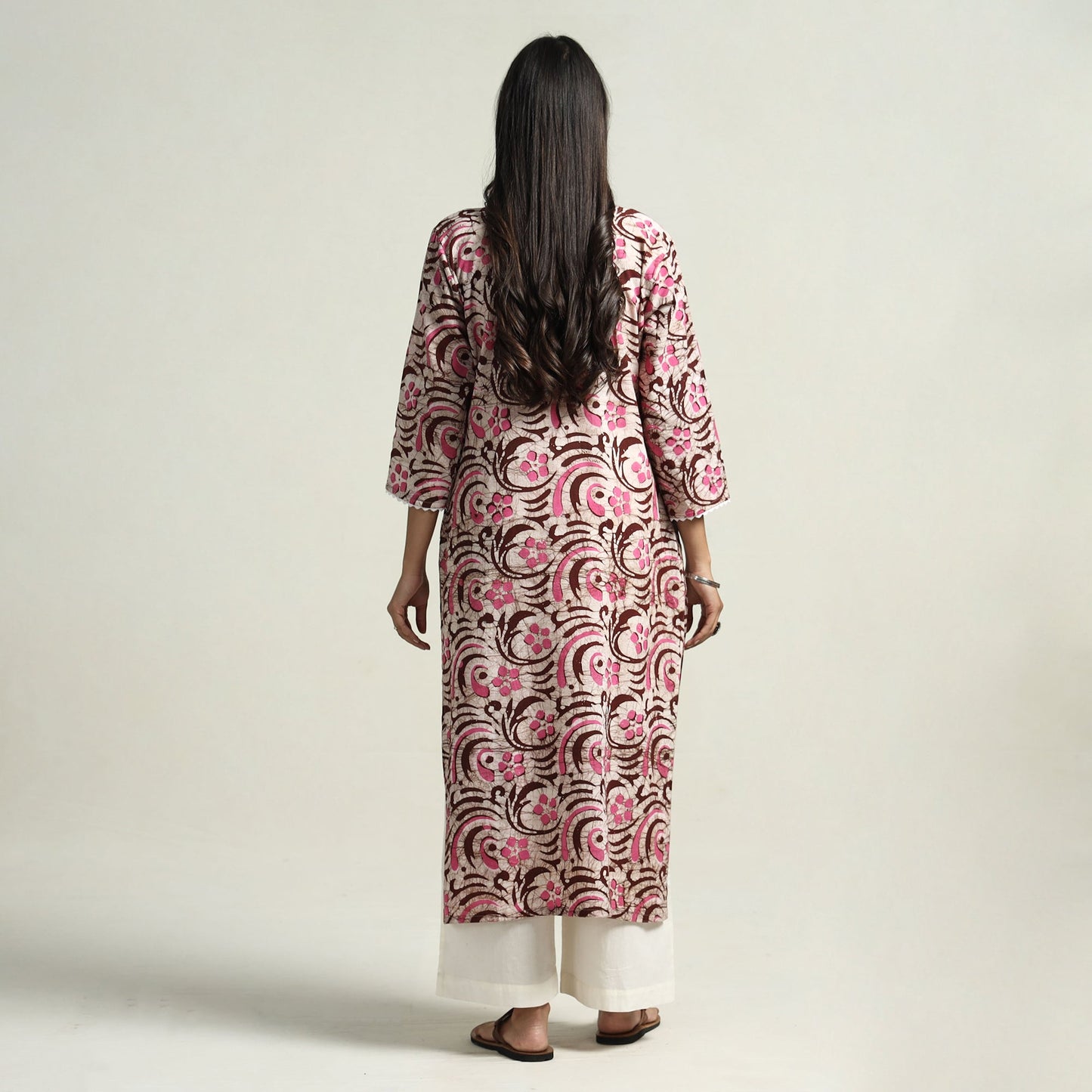 Hand Batik Print Cotton Straight Kurta with Lace Work for Women