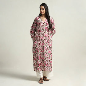 Hand Batik Print Cotton Straight Kurta with Lace Work for Women