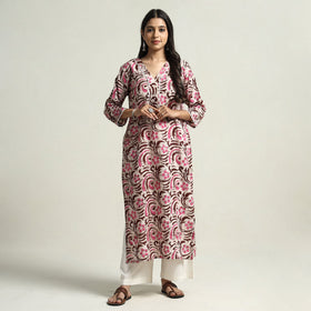 Hand Batik Print Cotton Straight Kurta with Lace Work for Women