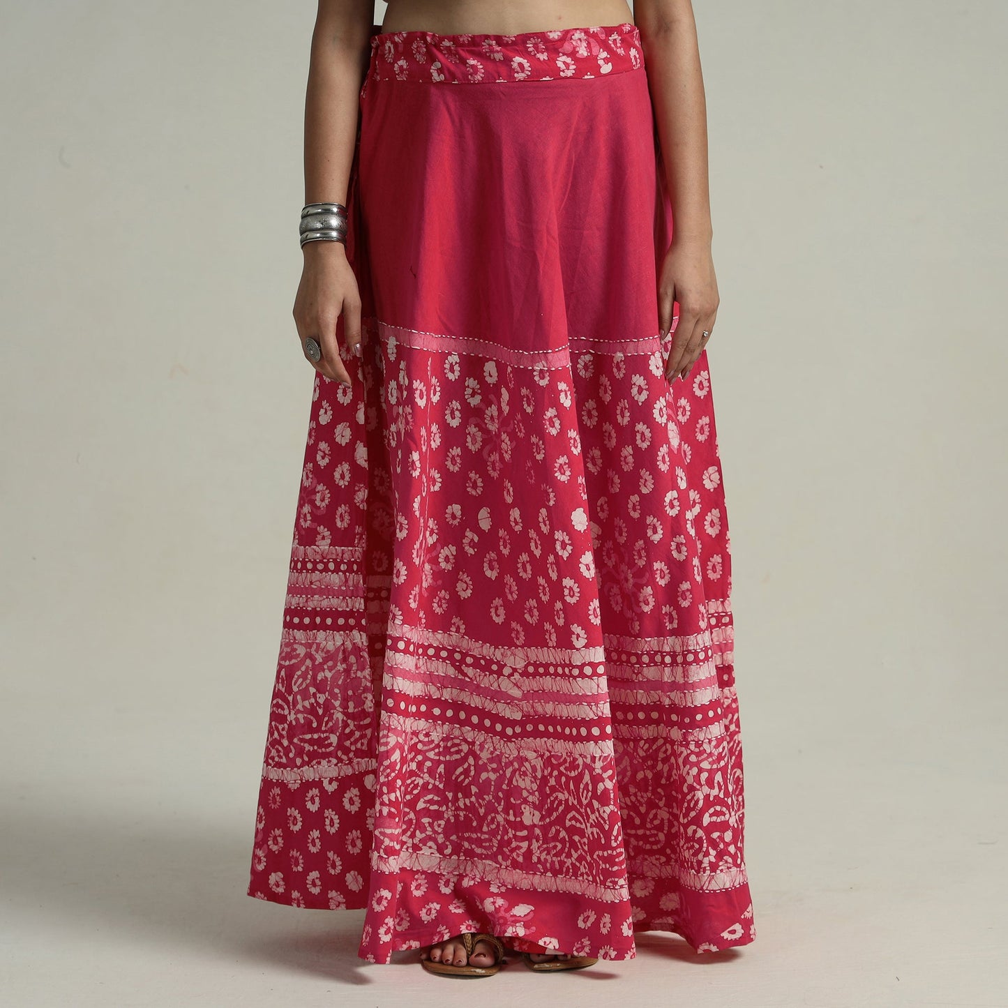 Pink Hand Batik Printed Running Stitch Cotton Long Skirt 