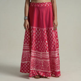 Pink Hand Batik Printed Running Stitch Cotton Long Skirt 