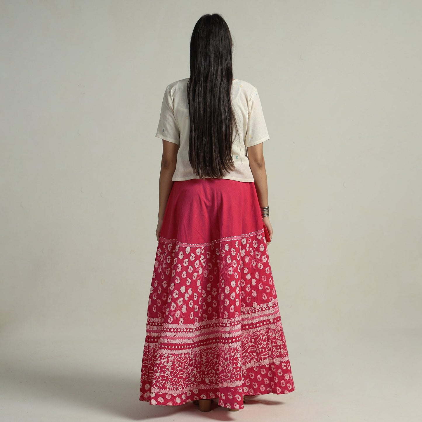 Pink Hand Batik Printed Running Stitch Cotton Long Skirt 