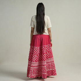 Pink Hand Batik Printed Running Stitch Cotton Long Skirt 