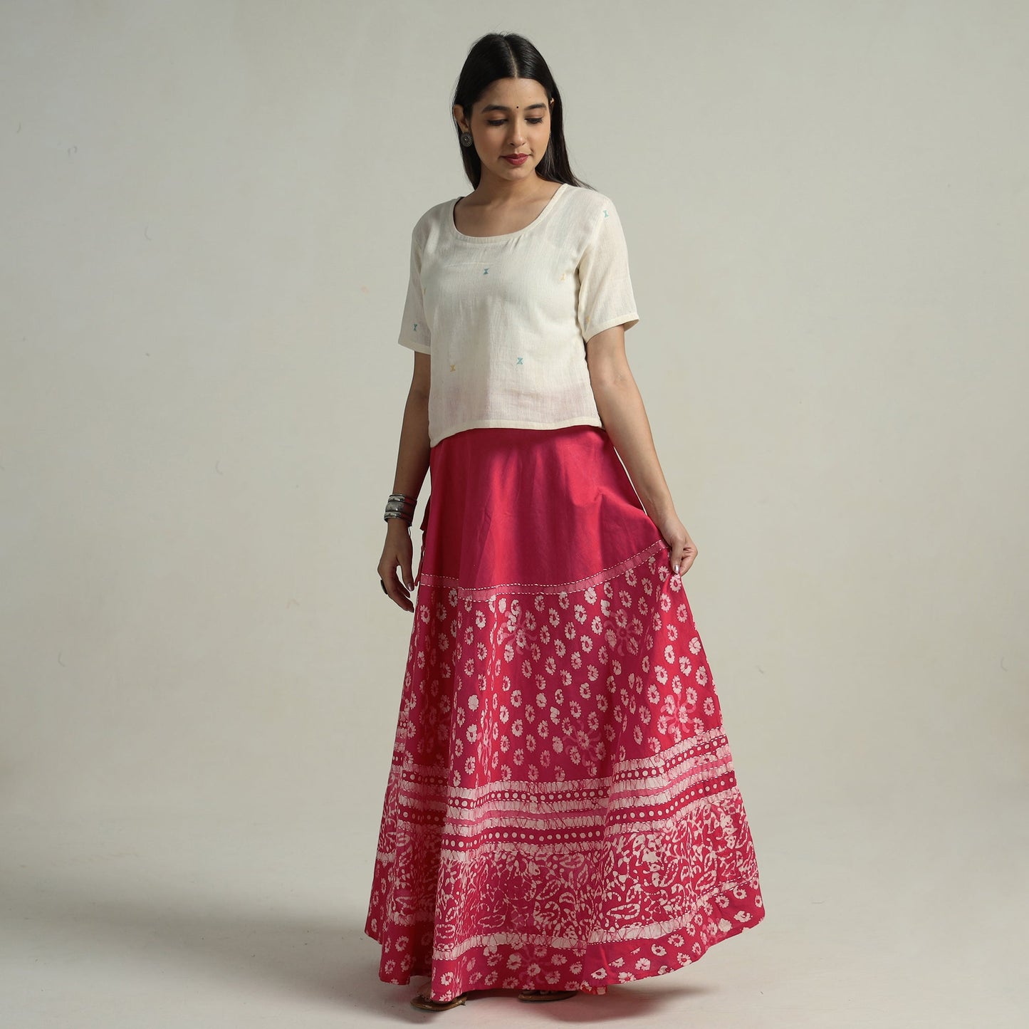 Pink Hand Batik Printed Running Stitch Cotton Long Skirt 