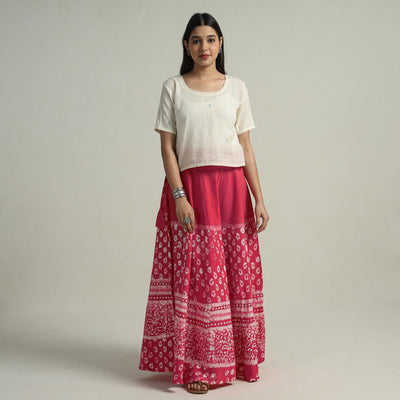 Pink Hand Batik Printed Running Stitch Cotton Long Skirt 