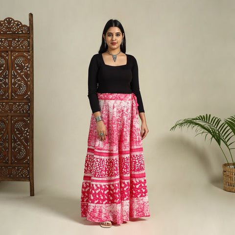 Pink Hand Batik Print Running Stitch Cotton Long Skirt