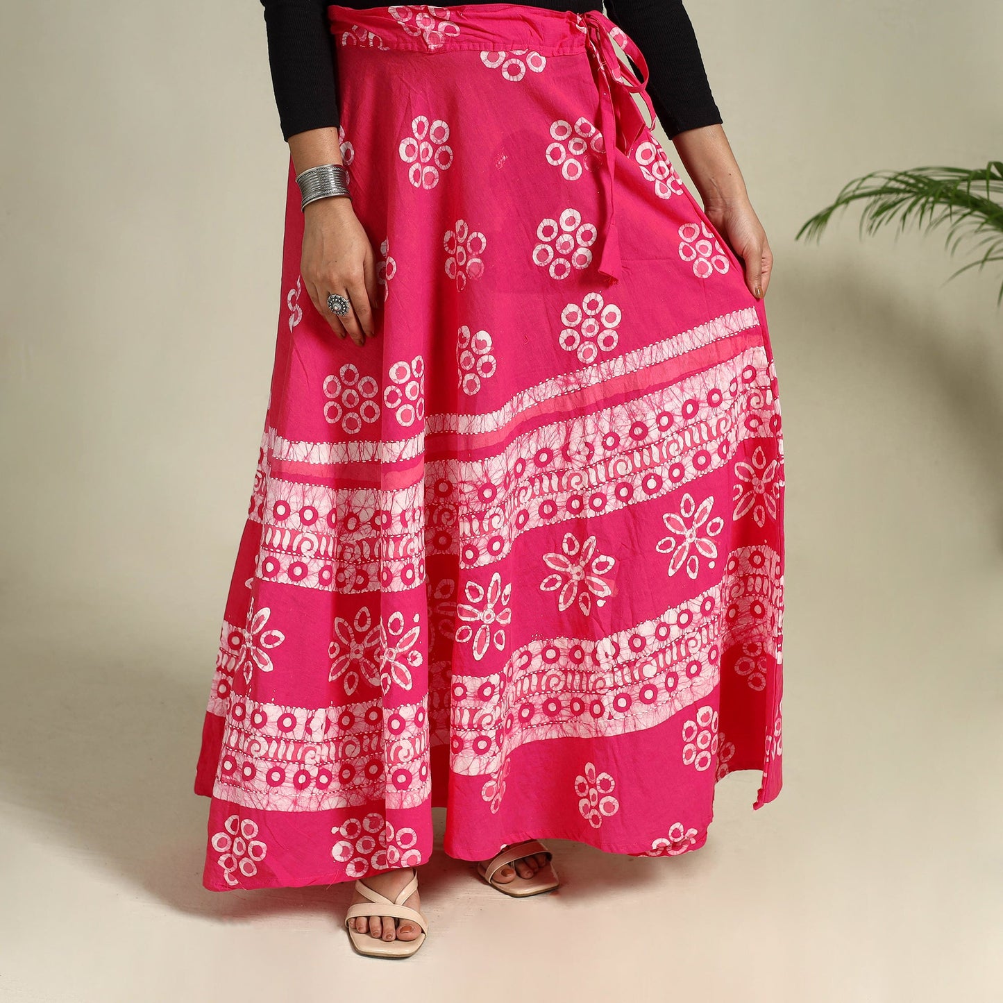 Pink - hand batik running stitch cotton long skirt 02